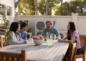 Family enjoying outdoor dining with energy-efficient Mitsubishi HVAC system